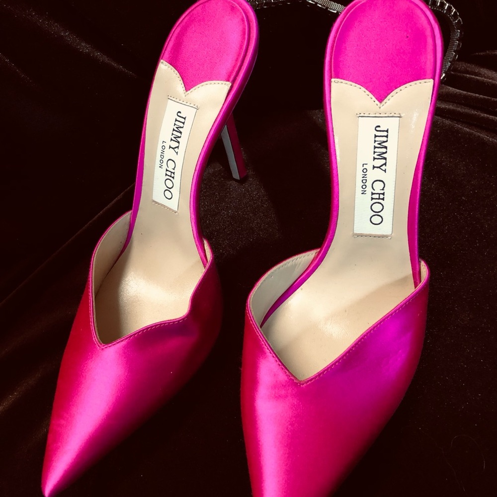 Jimmy Choo Fuchsia Satin Jeweled Slingback Mules - Picture 2 of 11